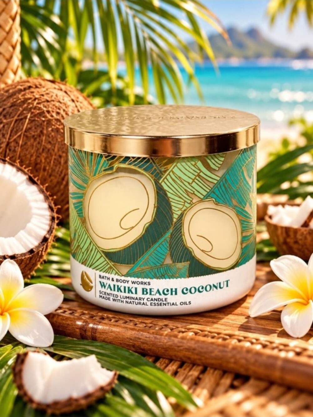 Bath & Body Works- "Waikiki Beach Coconut" 3-Wick Candle 💚💛
